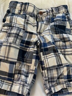 Boys size 7 Old Navy Navy blue White Plaid Madras Cotton Cargo Shorts summer